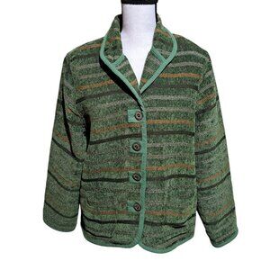 Koret Blazer Jacket Textured Striped Green Brown 2 Pocket Button Up Large Petite